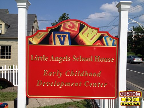 Little Angels School House Carved Post and Panel Sign by Custom Sign Source – Succasunna, Morristown, Madison, Randolph, NJ – Carved Signs