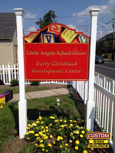 Little Angels School House Carved Post and Panel Sign by Custom Sign Source – Succasunna, Morristown, Madison, Randolph, NJ – Carved Signs