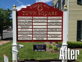 William Pitt Town Square Carved Post and Panel Sign After Photo